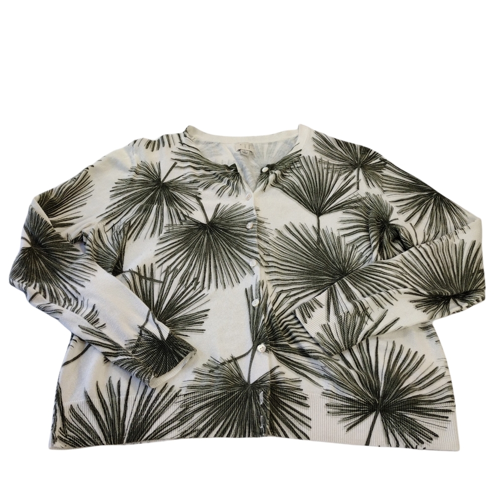 A New Day Womens Large Sweater Green Palmetto Leaves Solid White Cotton Mix Mat.